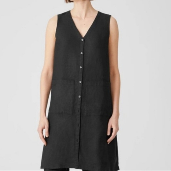 NWT EILEEN FISHER Black Linen Sleeveless Button Front Long Tunic, Size S/P - Picture 10 of 10